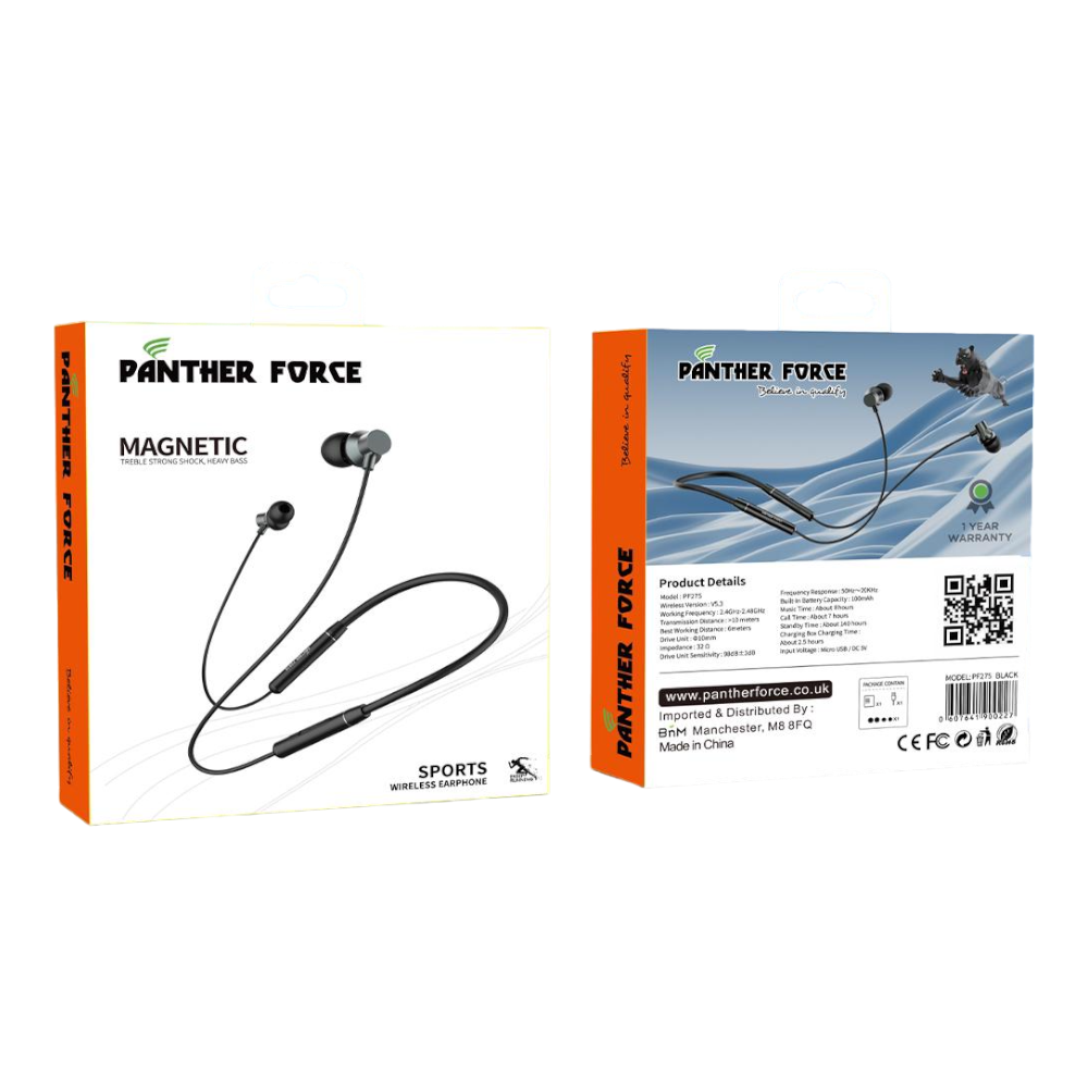 Panther Force Magnetic Sports Wireless Earphones - PF275 || Bluetooth, Sweat-Resistant, High-Quality Sound, Secure Fit Panther Force Magnetic Sports Wireless Earphones - PF275 || Bluetooth, Sweat-Resistant, High-Quality Sound, Secure Fit